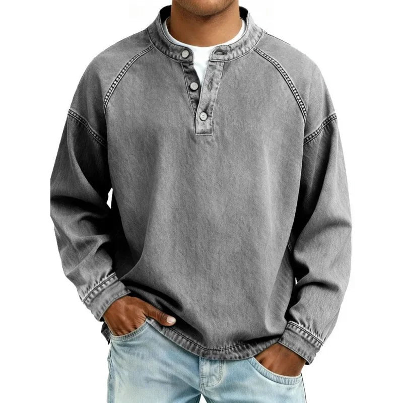 Grey washed denim pullover shirt with stand collar and long sleeves