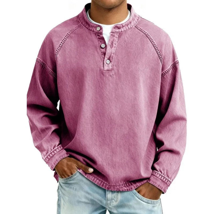 Dusty pink washed denim henley top with stand collar and raglan sleeves