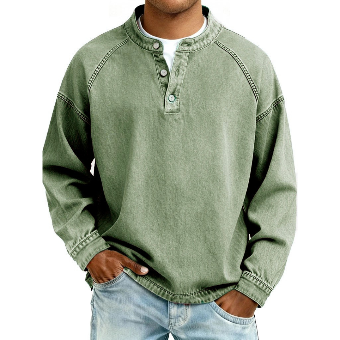 Sage green denim henley shirt with stand collar and relaxed fit