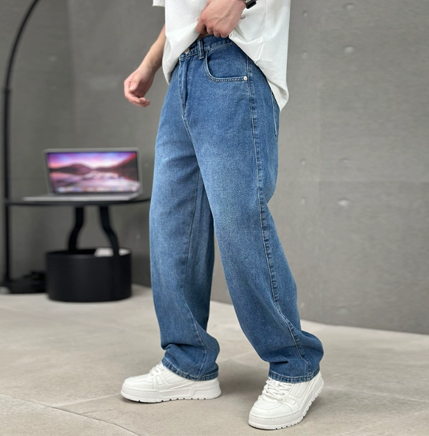 Mid blue wash straight leg jeans in relaxed full length fit
