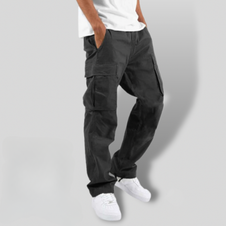 Charcoal black cargo trousers featuring loose fit and multiple utility pockets