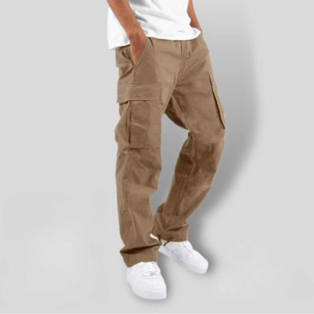 Beige cargo trousers with roomy side pockets and relaxed straight-leg fit