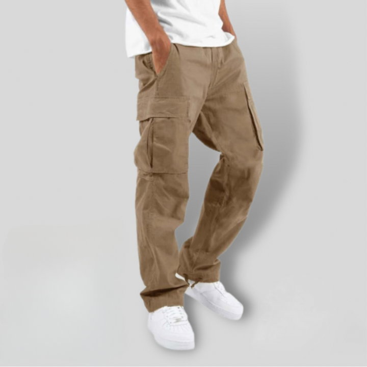 Beige cargo trousers with roomy side pockets and relaxed straight-leg fit