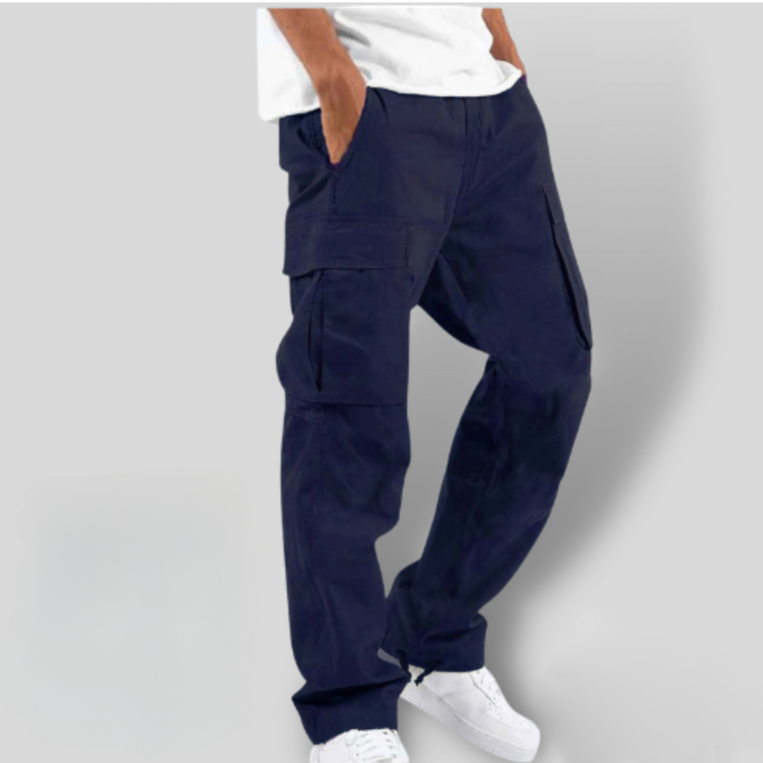 Navy cargo trousers with utility side pockets and tapered ankle cuffs