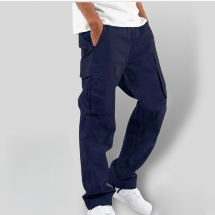 Navy cargo trousers with utility side pockets and tapered ankle cuffs
