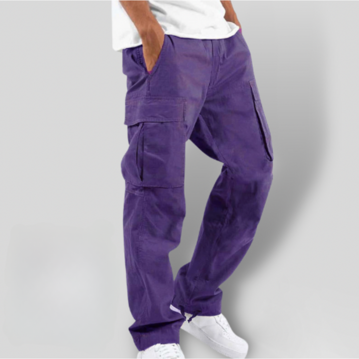 Purple cargo trousers with oversized pockets and elasticated drawstring waist