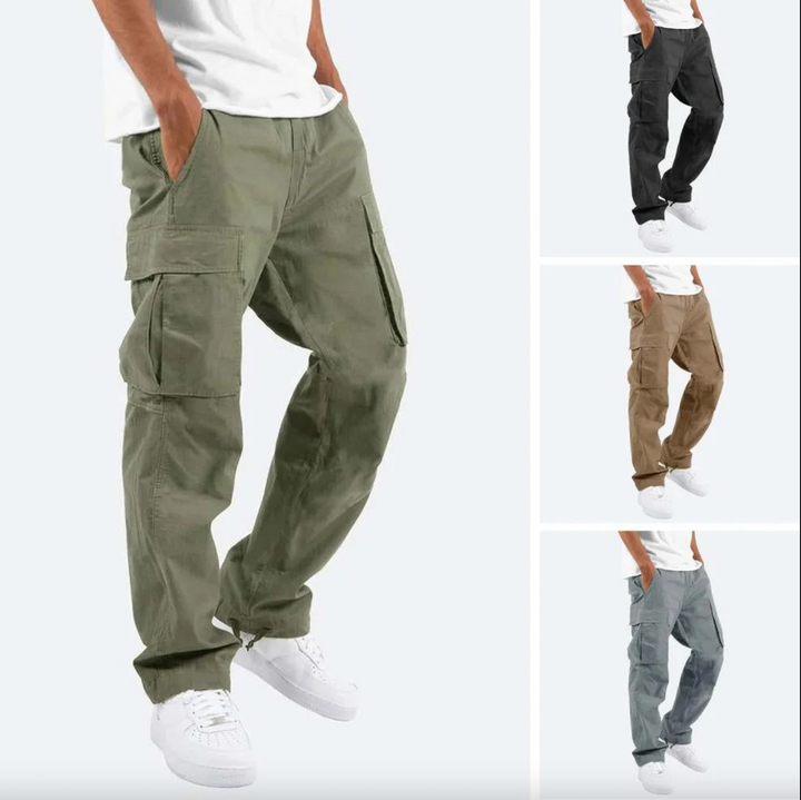 Men's cargo trousers shown in khaki, black, beige and grey colourways