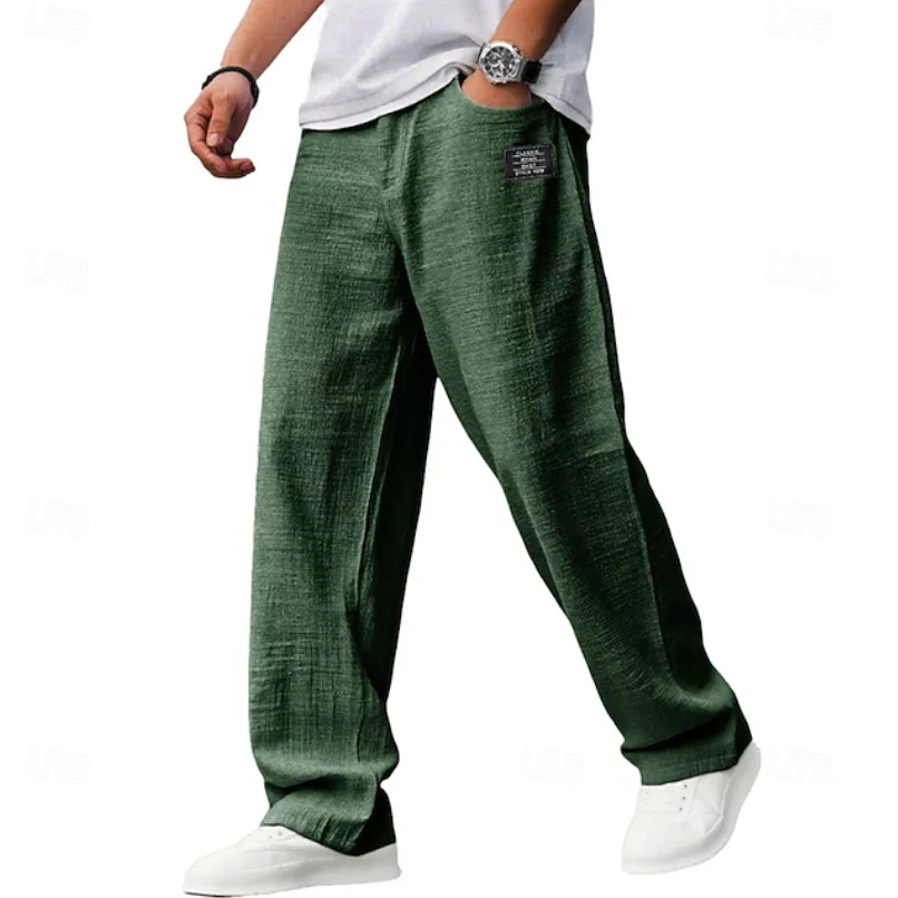 Olive green linen-blend relaxed-fit trousers styled with a plain white t-shirt