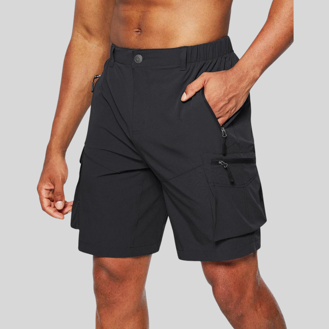 Black cargo shorts featuring zip pockets and adjustable elasticated waist
