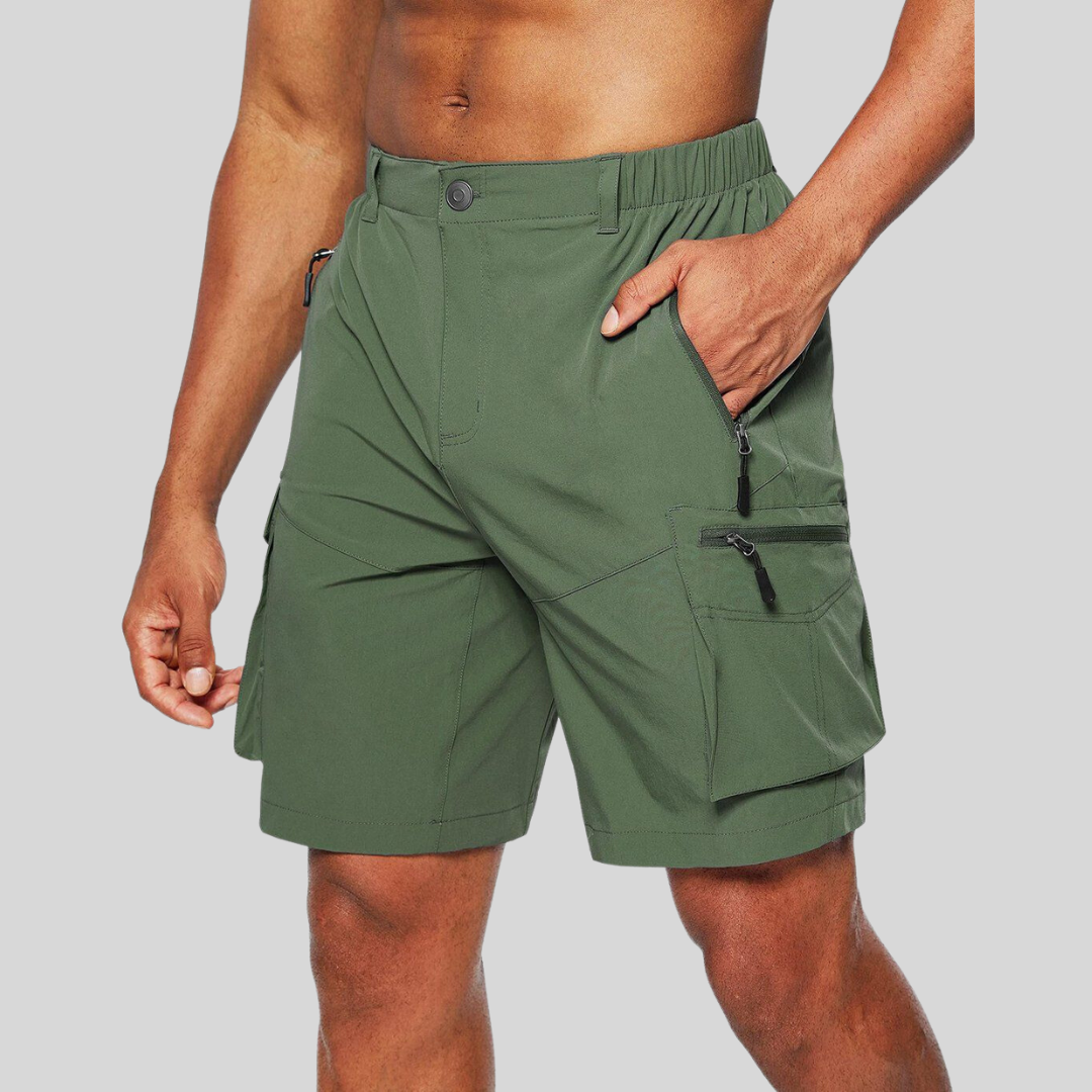 Khaki green cargo shorts showing zip fastening cargo pocket detail