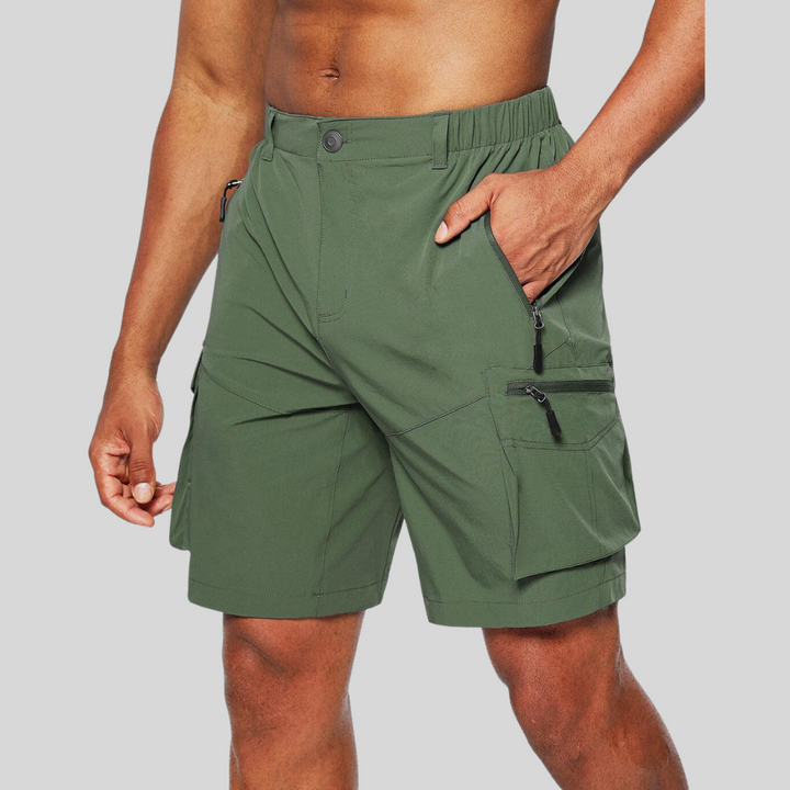 Khaki green cargo shorts showing zip fastening cargo pocket detail