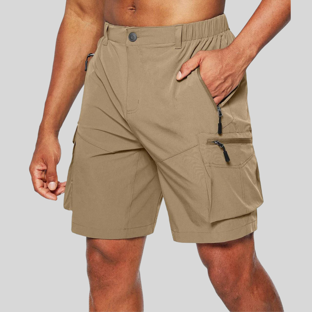 Sand beige cargo shorts with multiple zip pockets and stitched panels