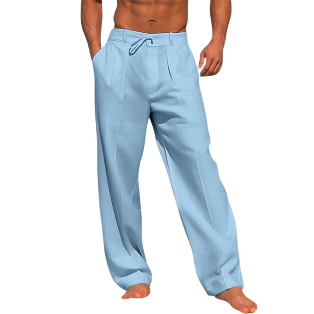 Men's pale blue linen-look wide trousers with drawstring waist and pleated front