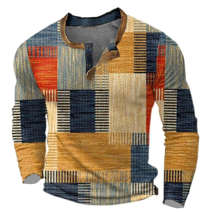 Men's long sleeve Henley jumper in rust and navy colour block patchwork print