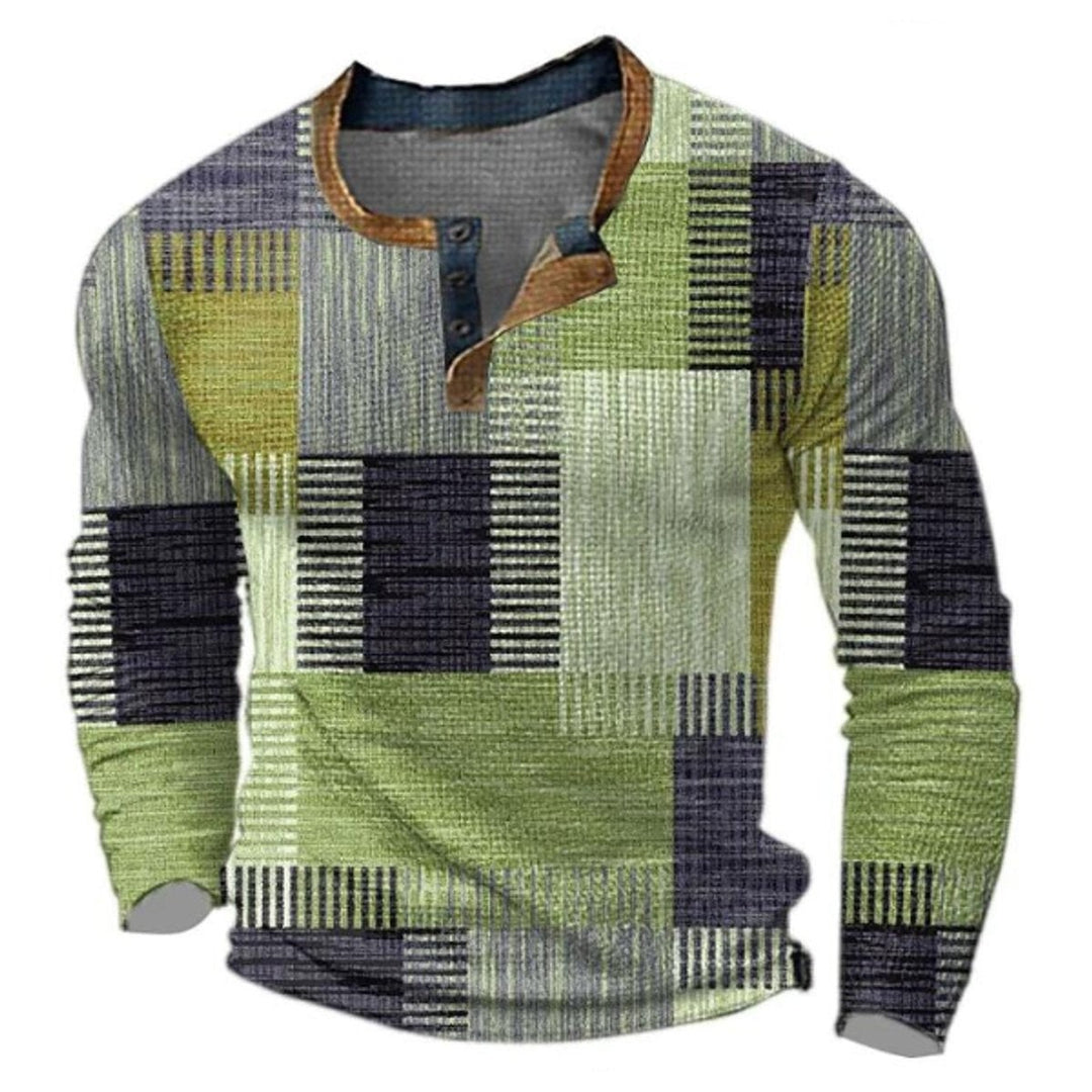 Green and grey colour block Henley knit jumper with buttoned neckline