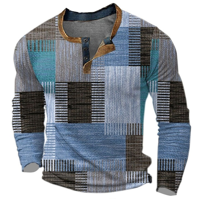 Blue and brown patchwork Henley sweater with long sleeves and button placket