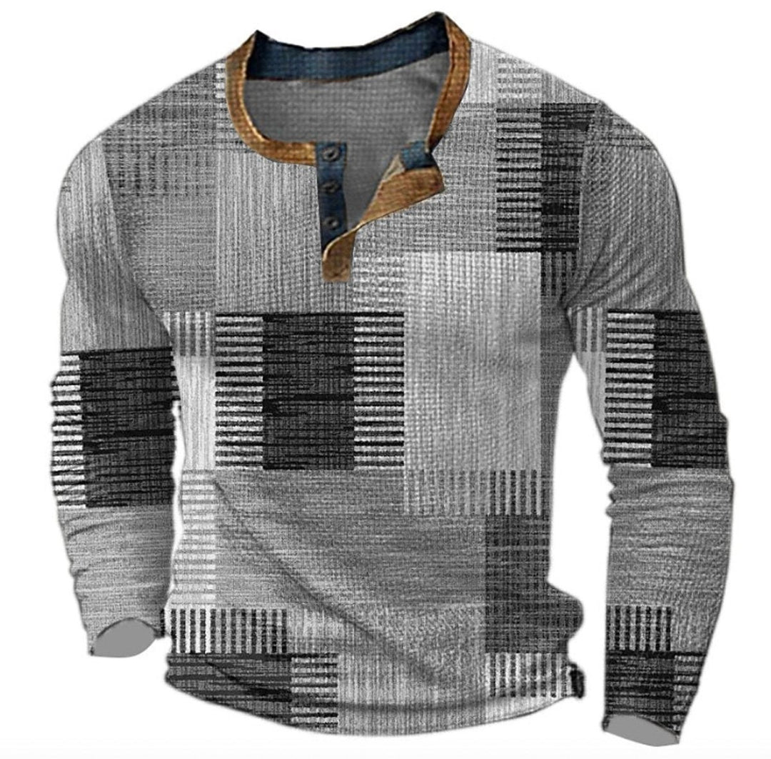 Grey tonal colour block Henley jumper with contrast button neckline
