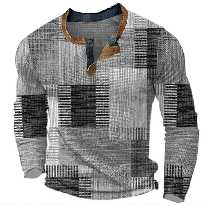 Grey tonal colour block Henley jumper with contrast button neckline