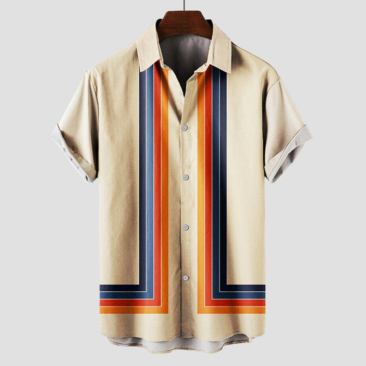 Beige short-sleeve shirt with vertical retro rainbow stripe panel down front