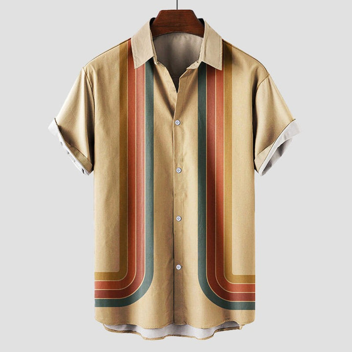 Khaki retro striped shirt featuring bold central stripe design and collar
