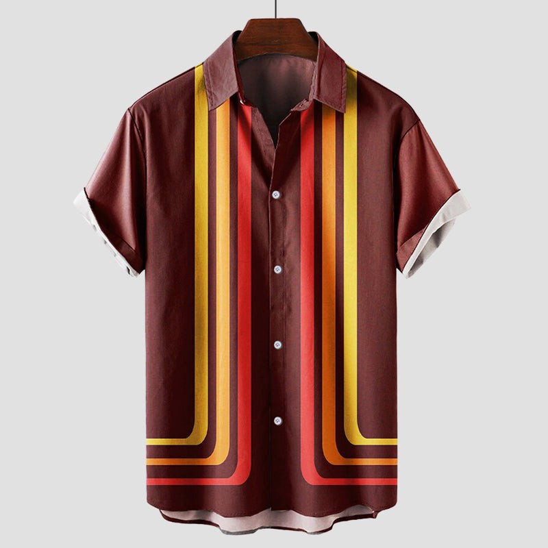 Burgundy short-sleeve shirt with vintage-style multicoloured stripe detailing