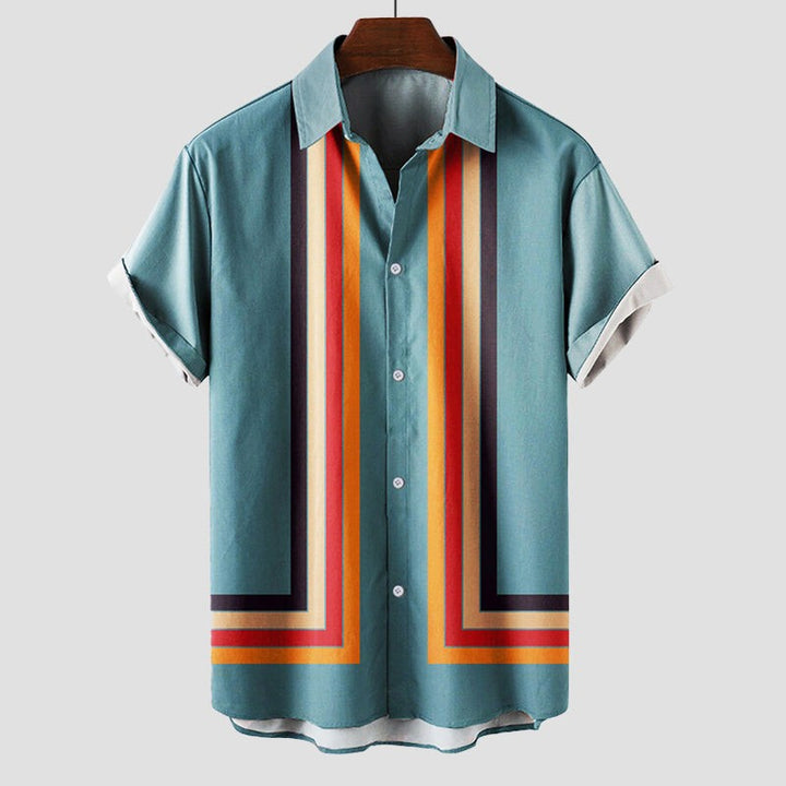 Teal retro stripe shirt with orange and red vertical panel accent