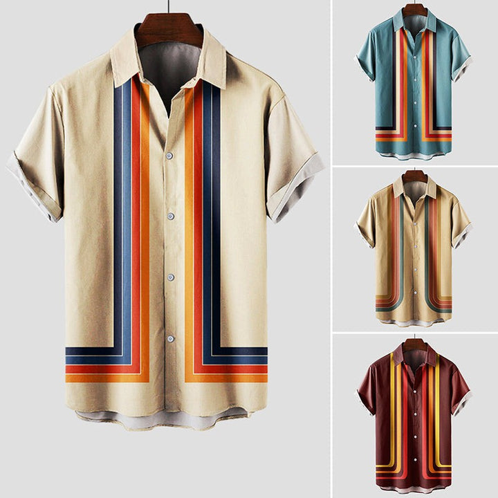 Men's retro striped shirt shown in beige with three colour variants displayed