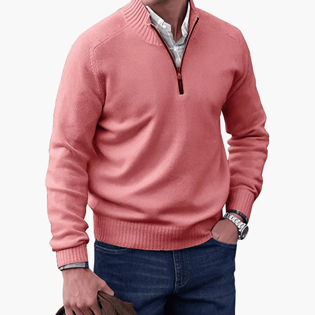 Coral pink half-zip knitted jumper with ribbed cuffs and hem