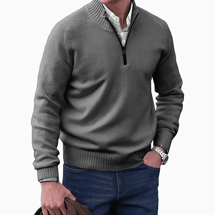 Charcoal grey half-zip jumper featuring contrast ribbed knit collar