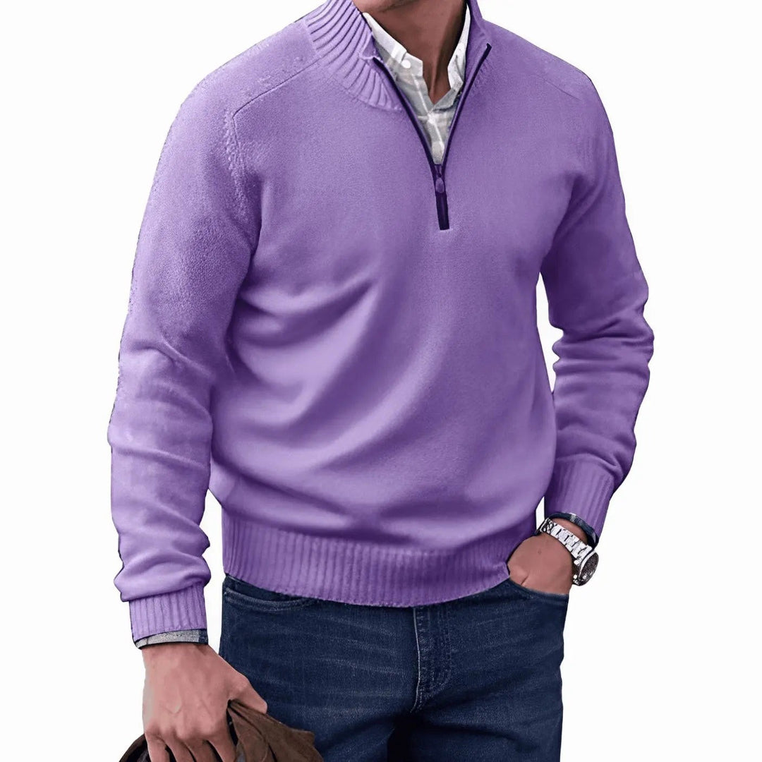 Lilac quarter-zip knitted jumper with ribbed collar and cuffs
