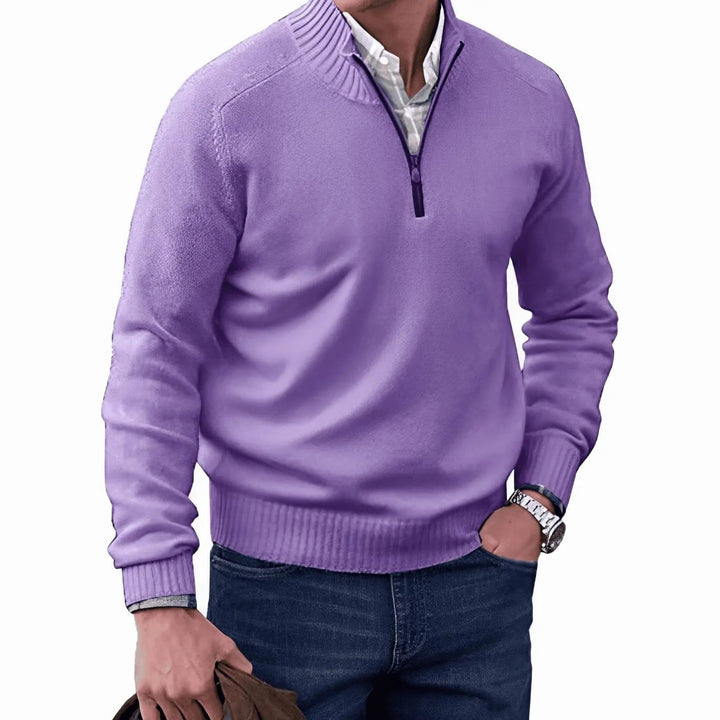 Lilac quarter-zip knitted jumper with ribbed collar and cuffs