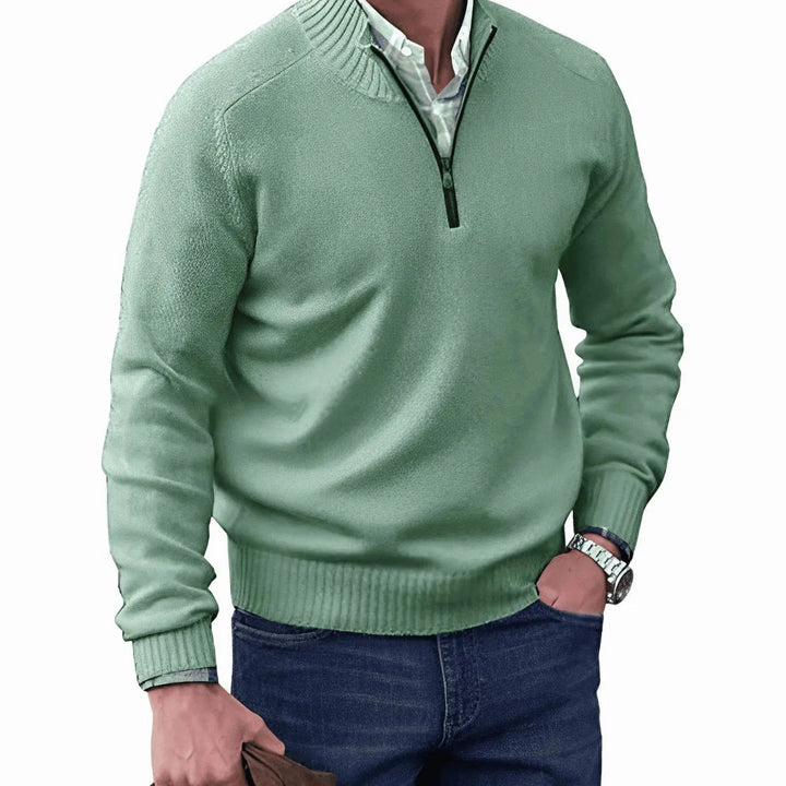 Sage green half-zip pullover jumper with ribbed trim detailing