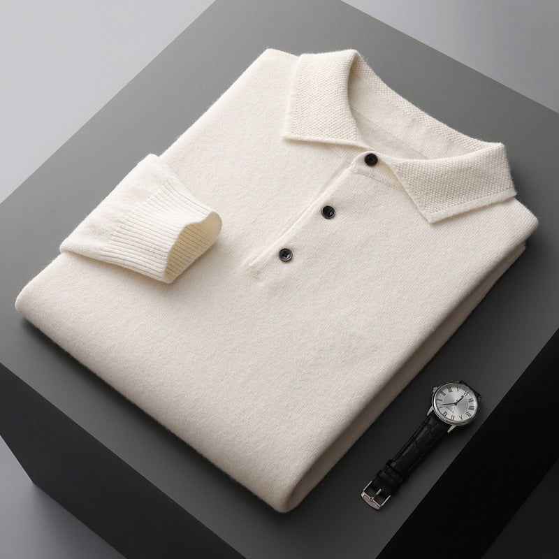 Folded cream knitted polo jumper with button placket and ribbed cuffs