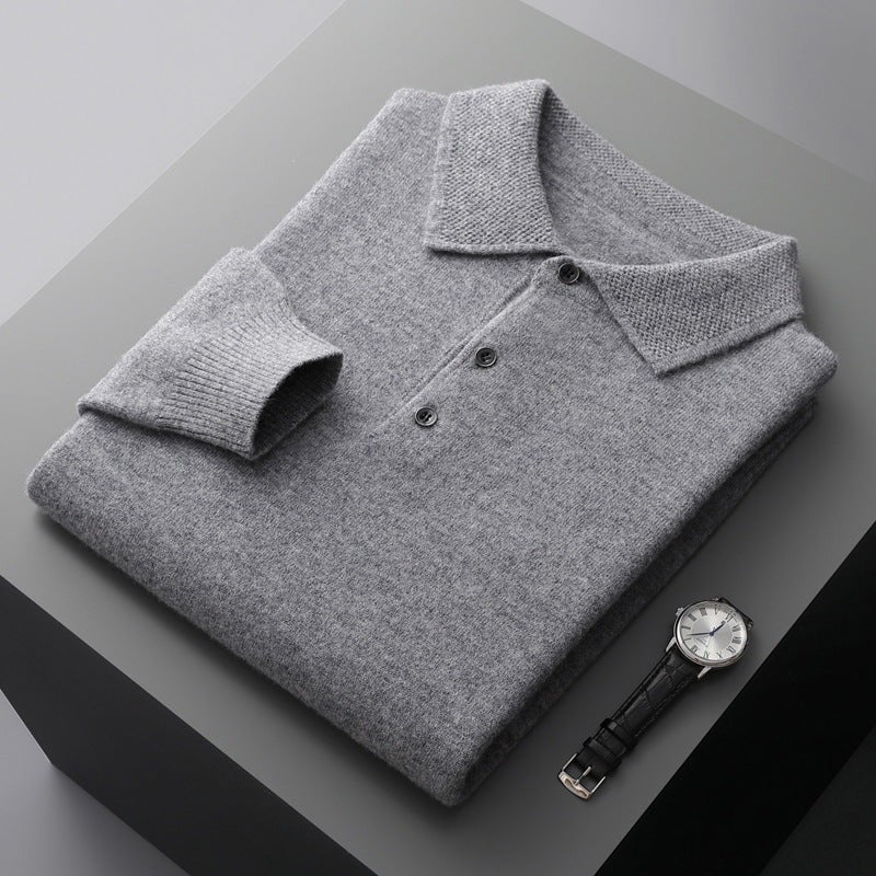 Grey knitted long sleeve polo jumper folded with textured collar detail