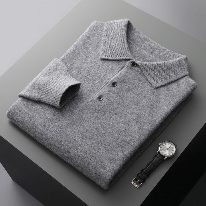 Grey knitted long sleeve polo jumper folded with textured collar detail