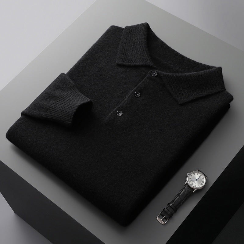 Black knitted polo jumper folded showing button fastening and cuff rib
