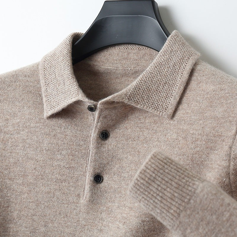 Close-up of beige knitted polo jumper collar and button placket detail