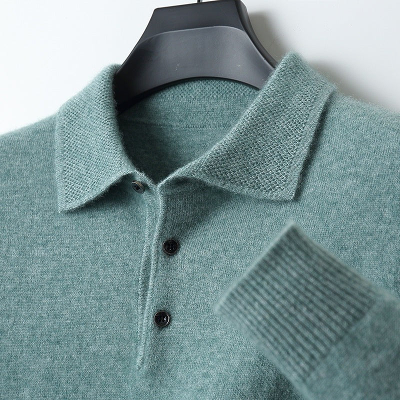 Sage green knitted polo jumper collar close-up with textured knit trim