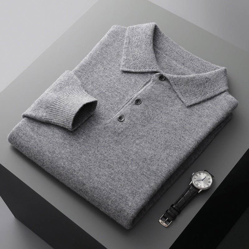 Grey marl knitted polo jumper folded with textured collar detail