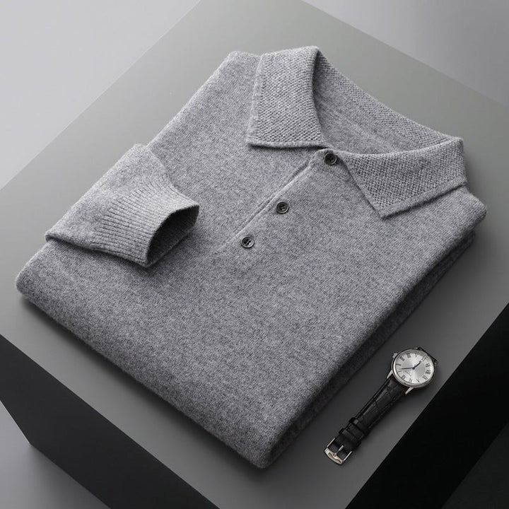 Grey marl knitted polo jumper folded with textured collar detail