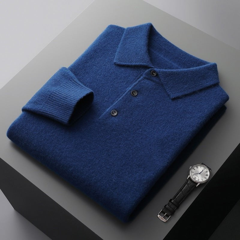 Navy knitted polo jumper folded with three-button placket and ribbed cuffs