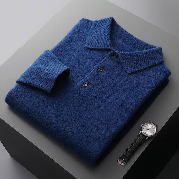 Navy knitted polo jumper folded with three-button placket and ribbed cuffs