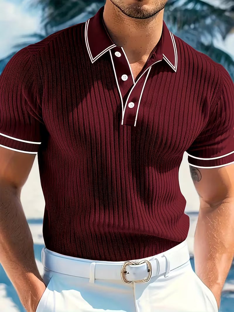 Burgundy ribbed knit polo shirt featuring white contrast piping and buttons