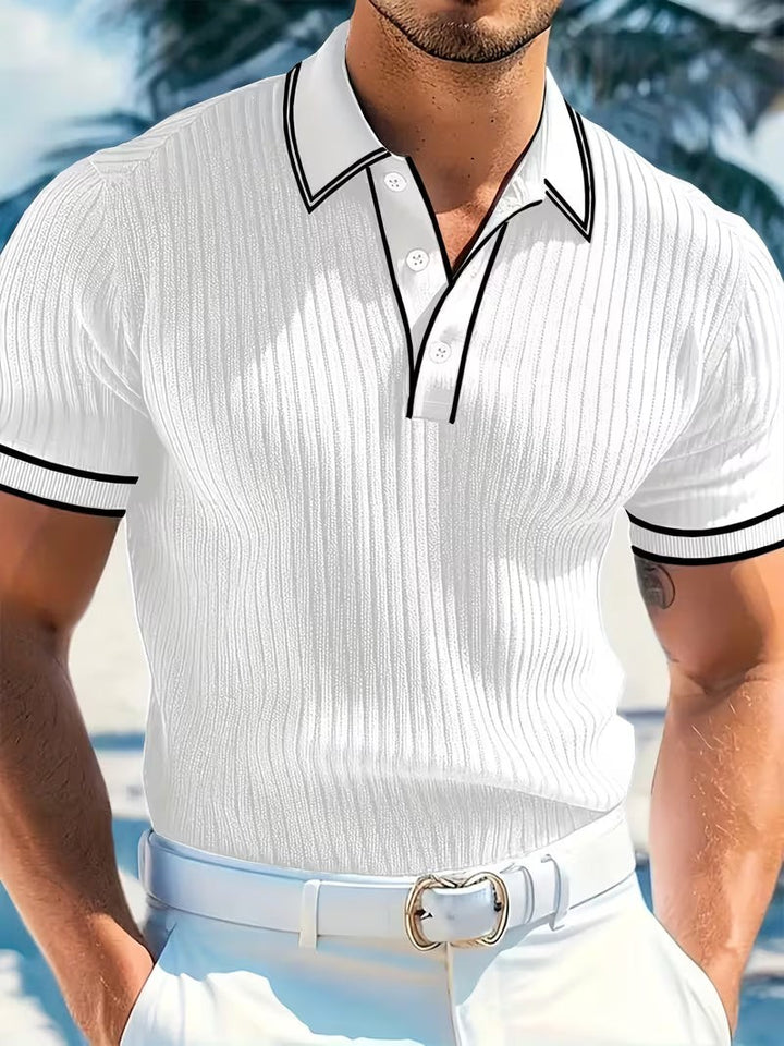 White ribbed short-sleeve polo shirt with black contrast collar trim