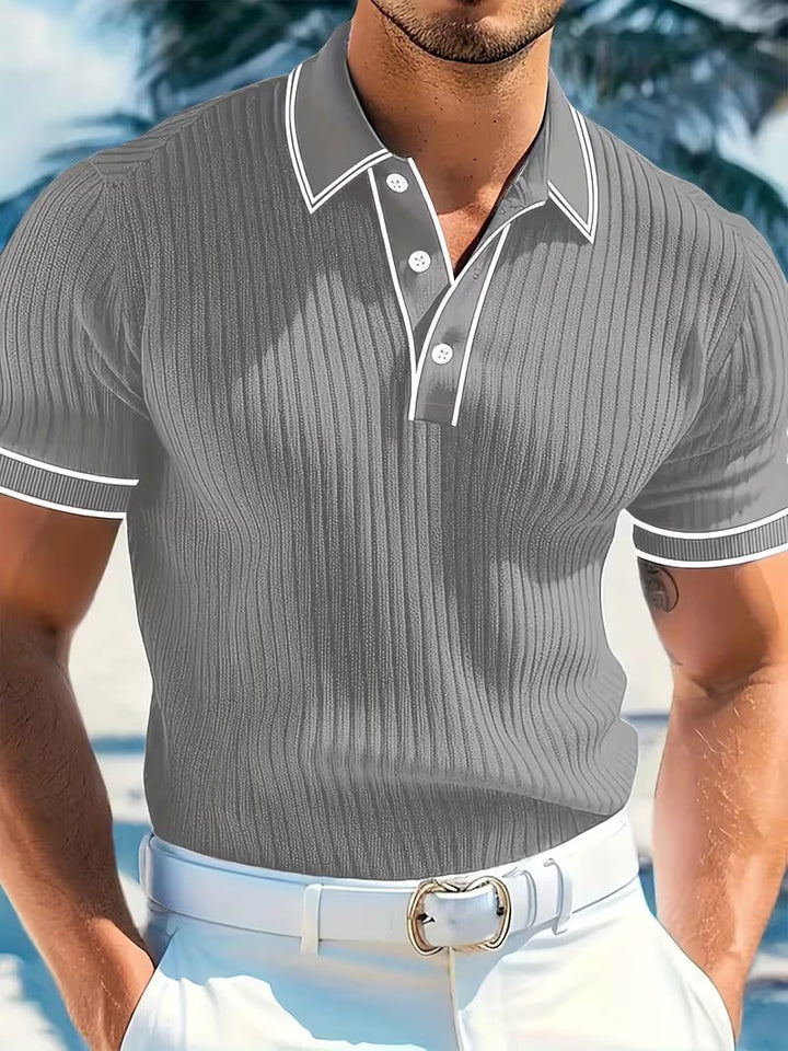 Grey ribbed knit polo shirt with white contrast piping on collar and cuffs