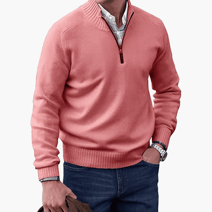 Coral pink quarter-zip knit jumper with ribbed cuffs and hem