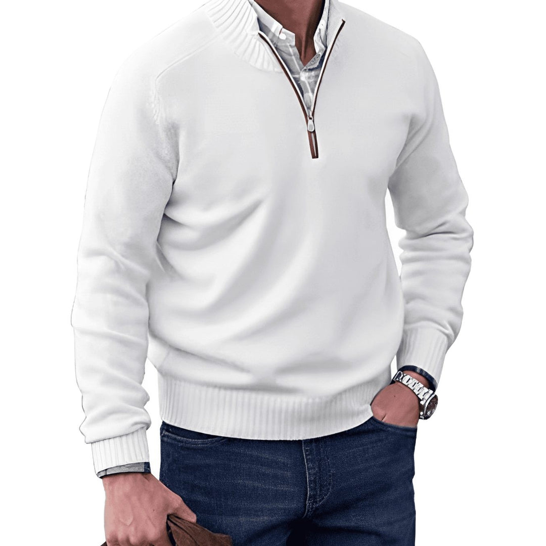 White ribbed mock-neck jumper with tan zip trim and half-zip fastening