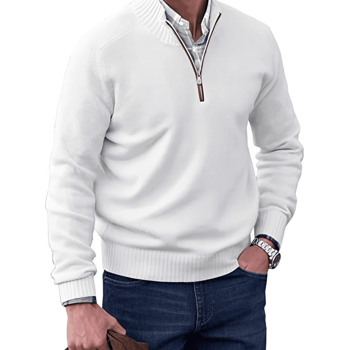 White ribbed mock-neck jumper with tan zip trim and half-zip fastening