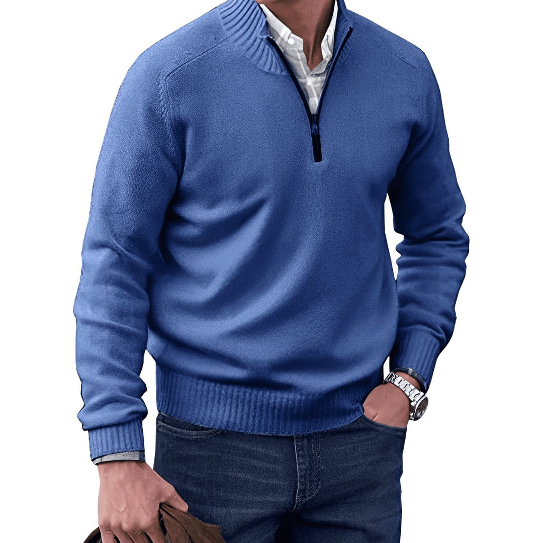 Blue quarter-zip pullover jumper with ribbed cuffs and mock collar