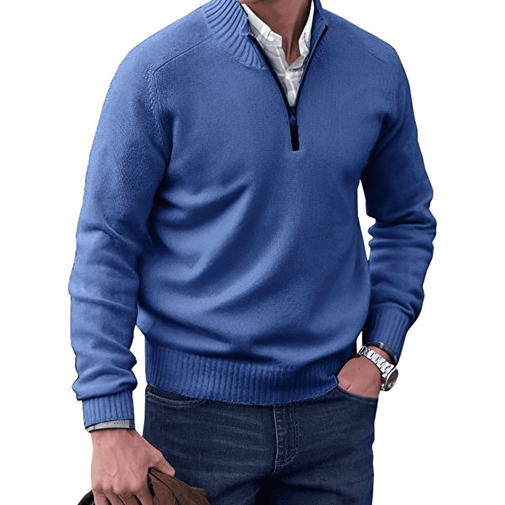 Blue quarter-zip pullover jumper with ribbed cuffs and mock collar
